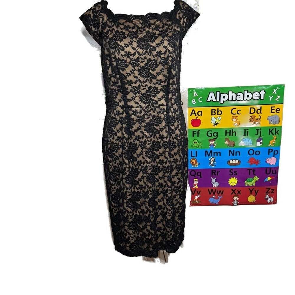 Connected Apparel Black Lace Sheath Dress with Nude Lining